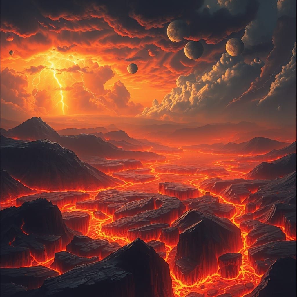 Surreal Volcanic World with Glowing Lava Rivers and Black Cr...
