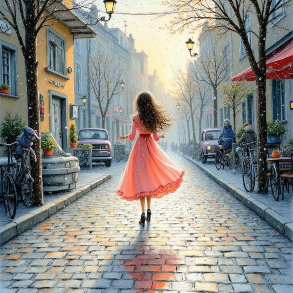 Woman Dancing in Rain as Ink and Gouache Painting