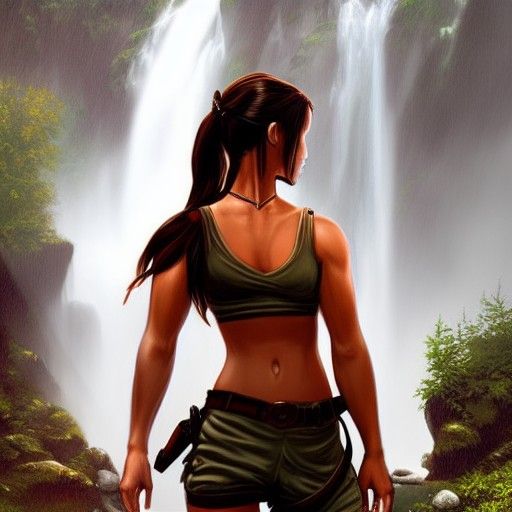 Lara Croft Glamour Portrait at Misty Waterfall