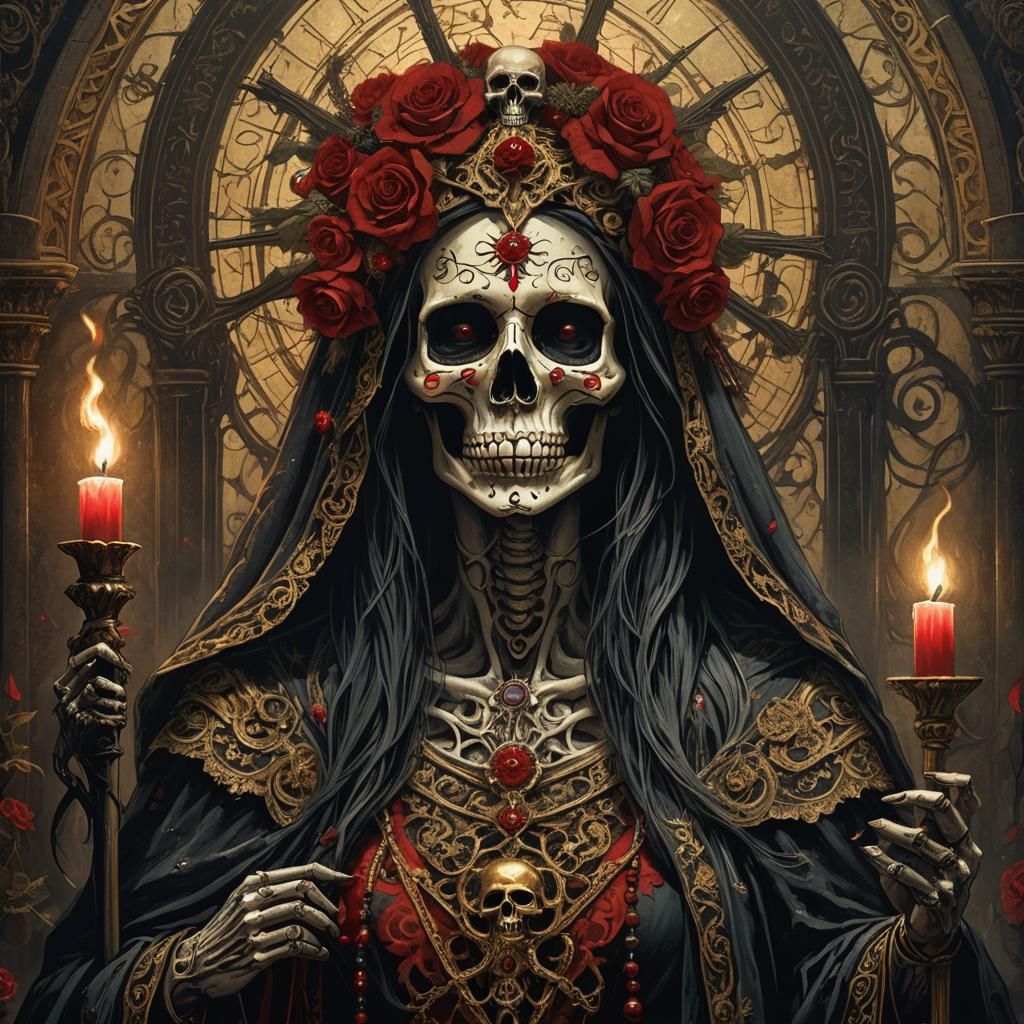 Ominous Santa Muerte in Dark Fantasy Style