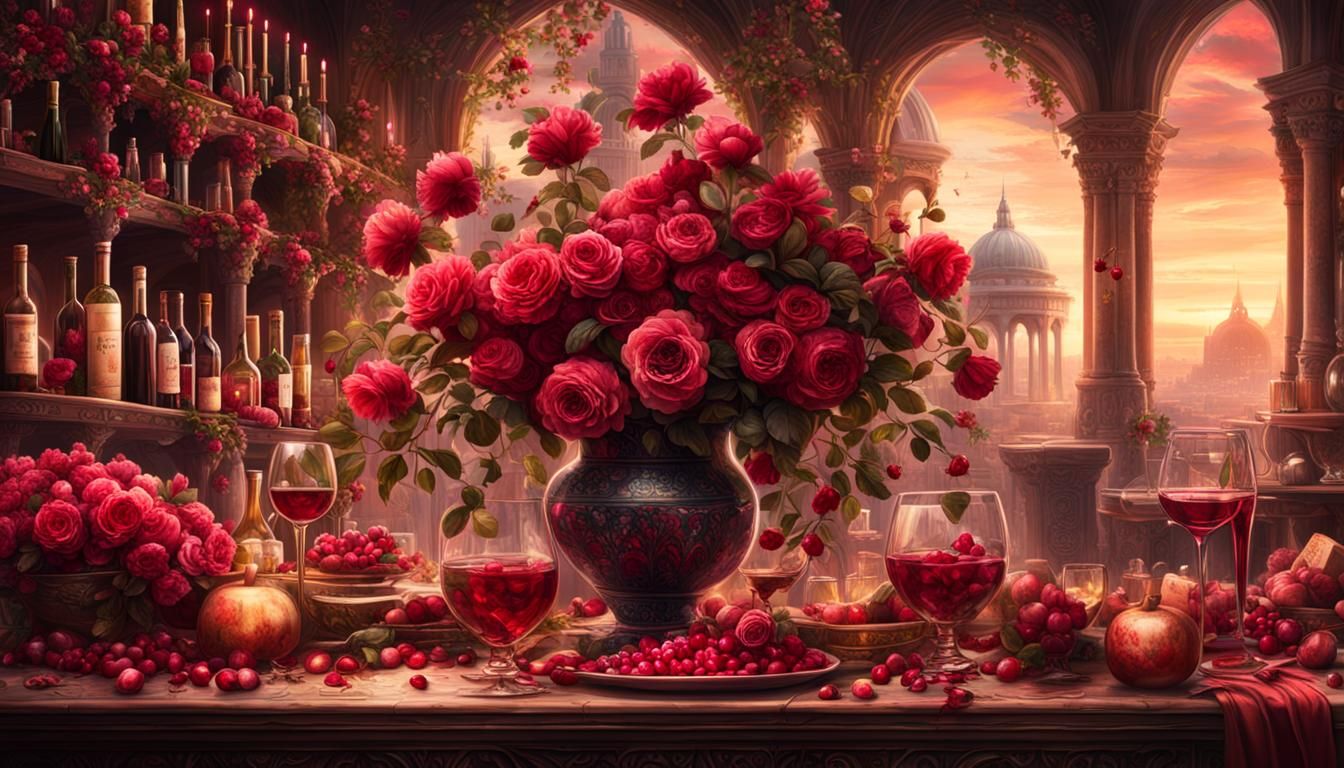 Dramatic Still Life: Wine, Roses, Rubies