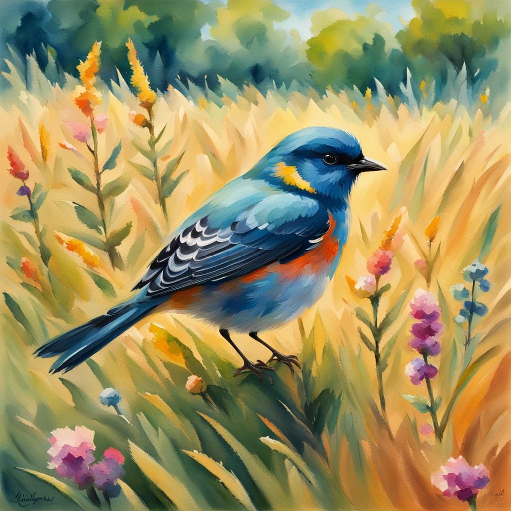 Bird in Summer Field: Gouache Watercolor Painting