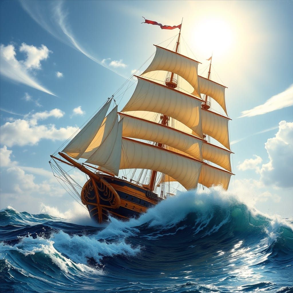Golden Sailing Ship Defies the Sea in a Romantic-Era Masterp...
