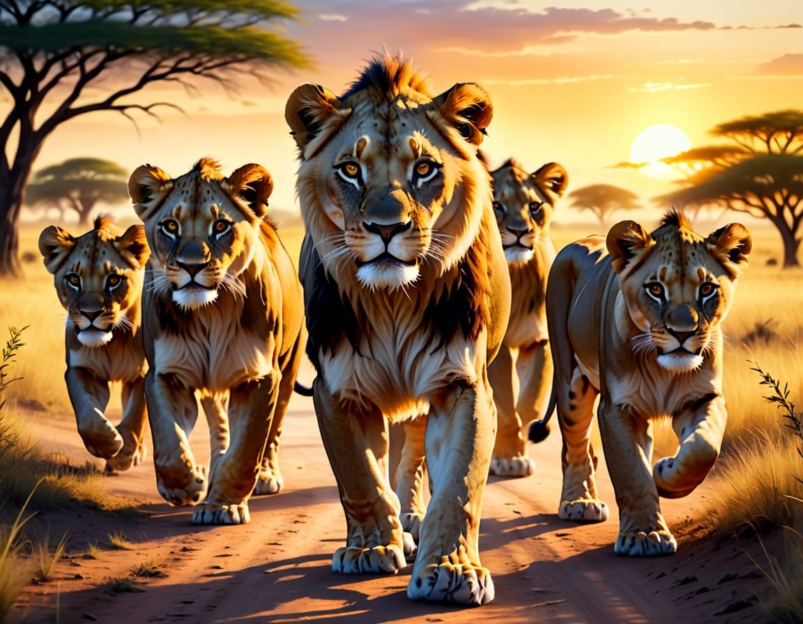 Regal Lioness Roams Golden Savannah with Cubs