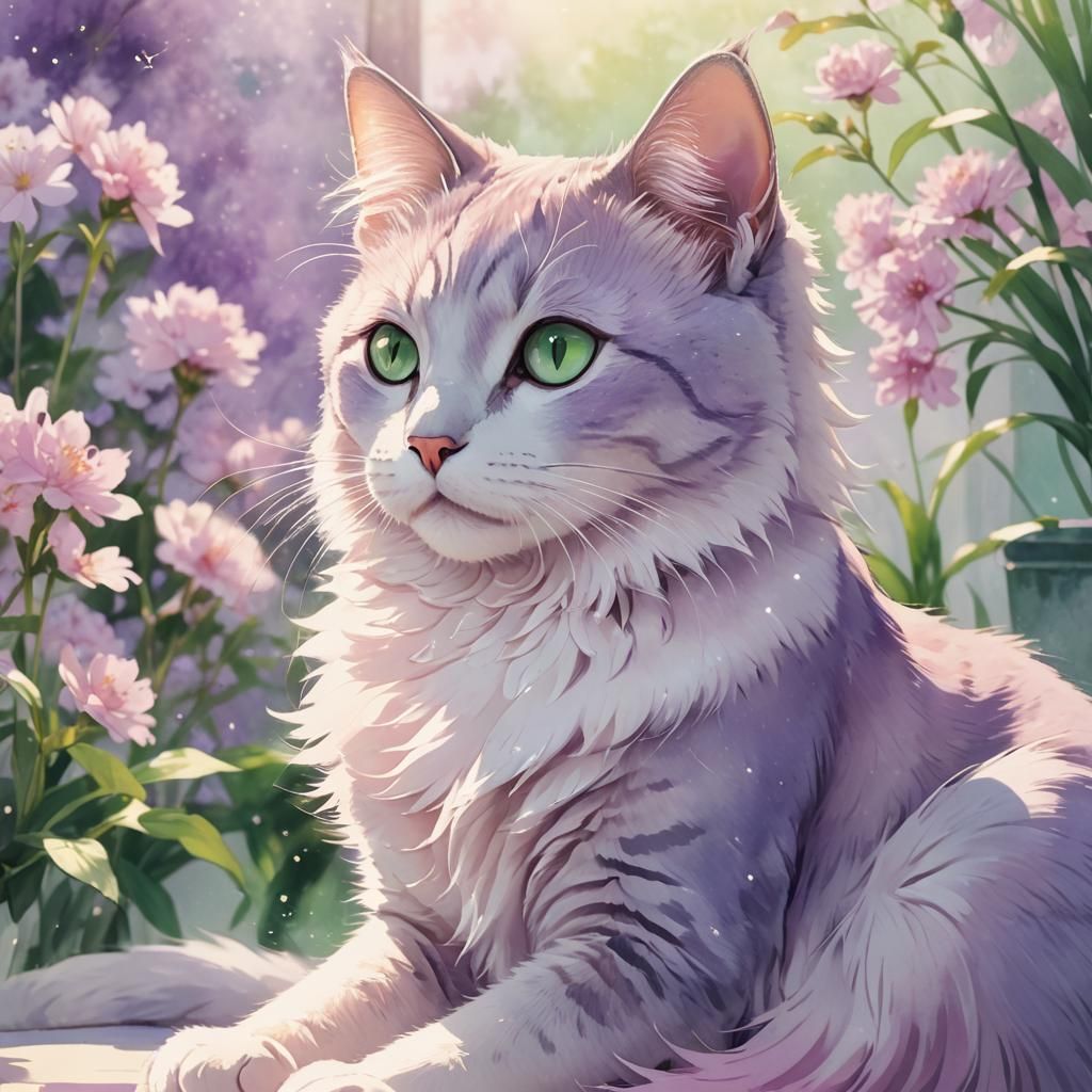 Elegant Cat in Anime Art with Lavender Hues