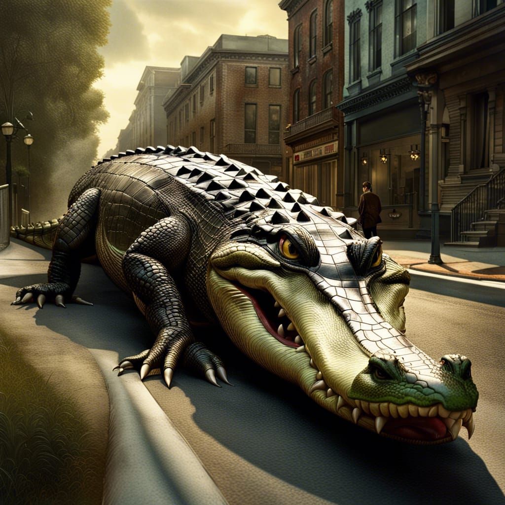 Giant Alligator Strolls Through City: Photorealistic Art