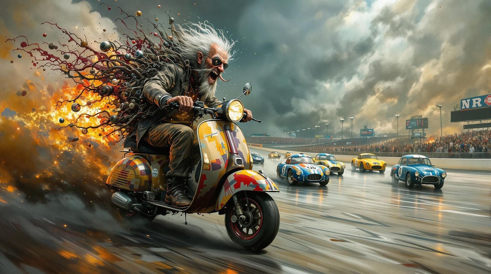 Grandpa Races NASCAR: A Surreal Mixed Media Painting
