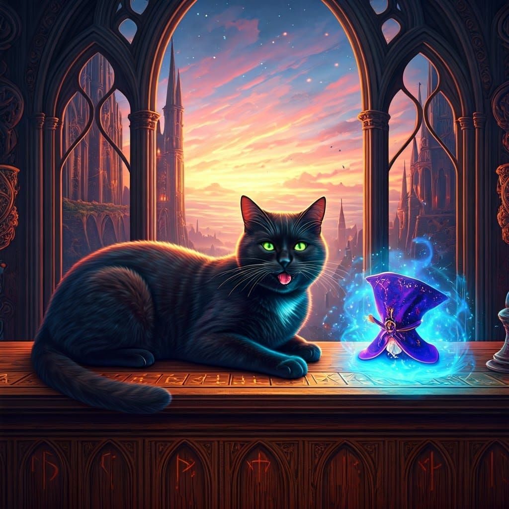 Majestic Black Cat Conquers Wizard in Whimsical Sunset Scene