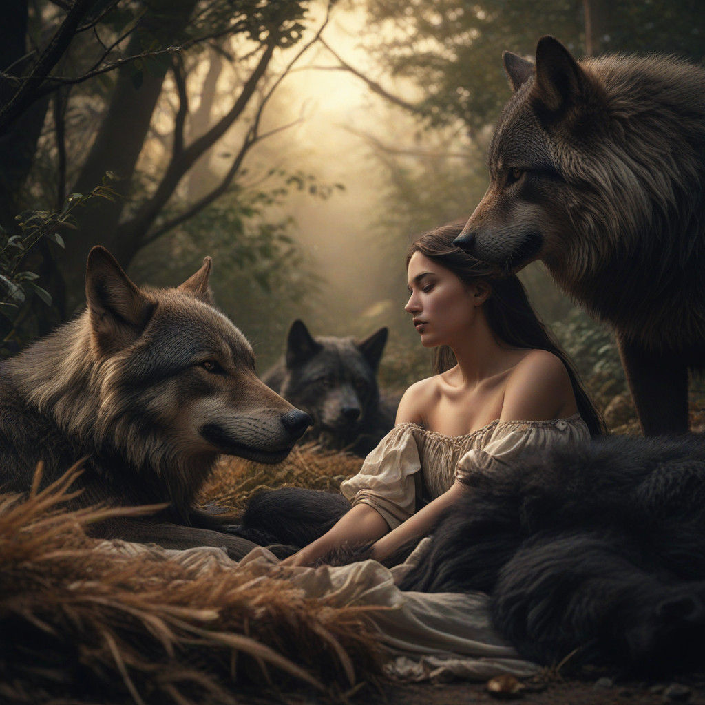 Primitive Woman in Serene Slumber with Slumbering Wolves