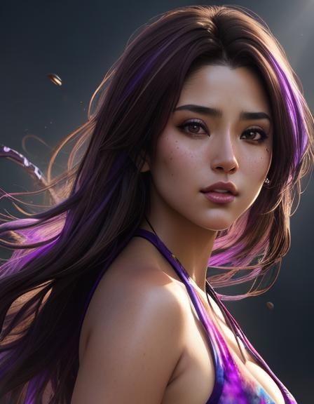 Beautiful Woman with Purple Highlights: Hyperrealistic Splas...