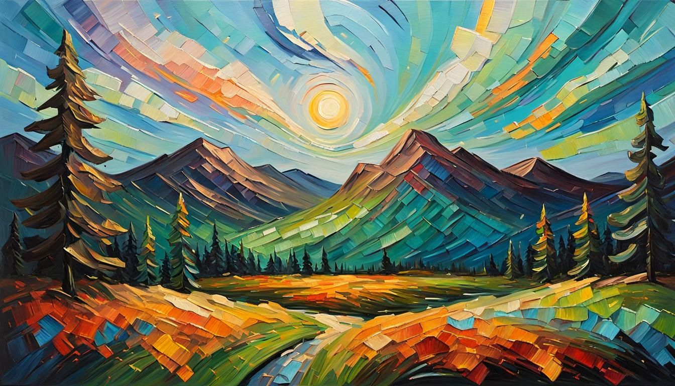 Impasto Night Landscape Oil Painting with Aurora