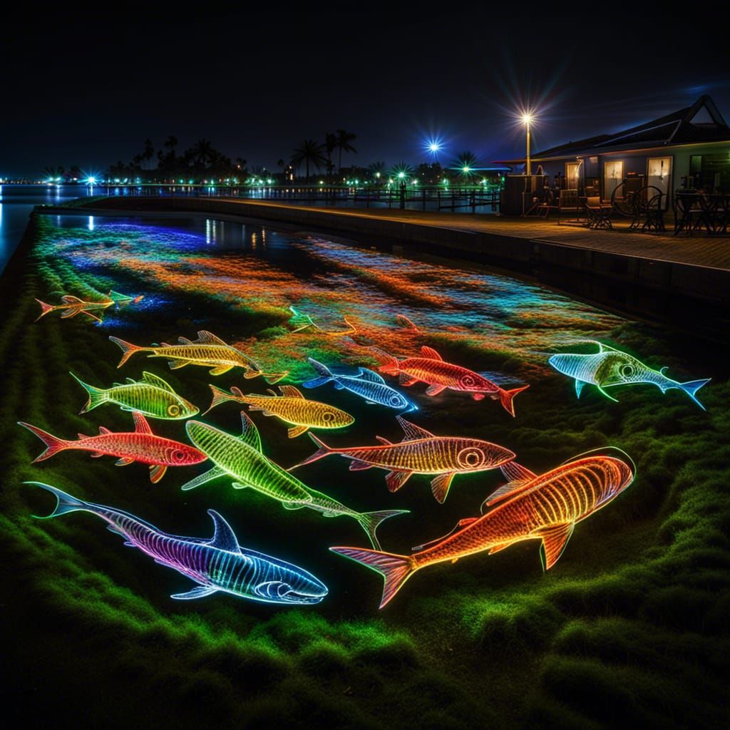 Colorful Light Painting of Fish at Night