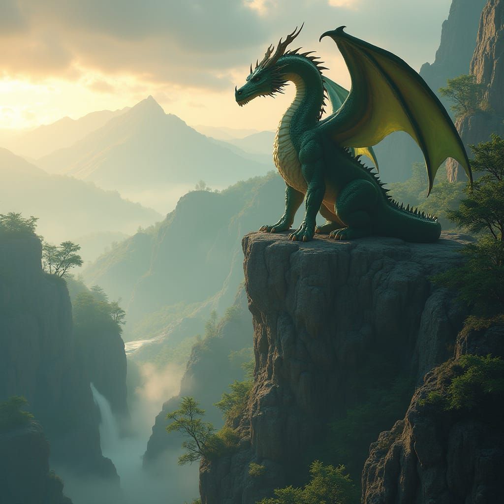 Majestic Deep Green Dragon Reigns Over a Misty Mountain Land...