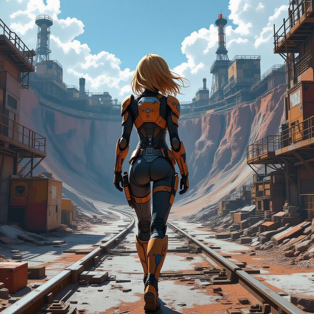 Sci-Fi Anime Girl at Rusted Industrial Mine