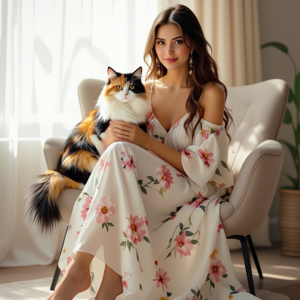 Elegant Woman with Cat on Designer Chair in Modern Home