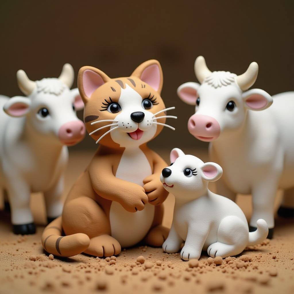 Clay Cat and Cattle: A Rough Texture Scene