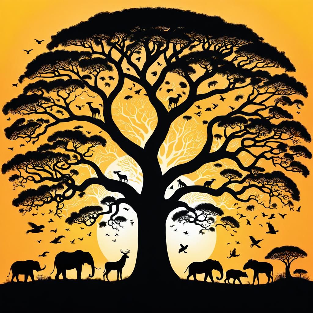 African Animals Under Tree of Life Silhouette