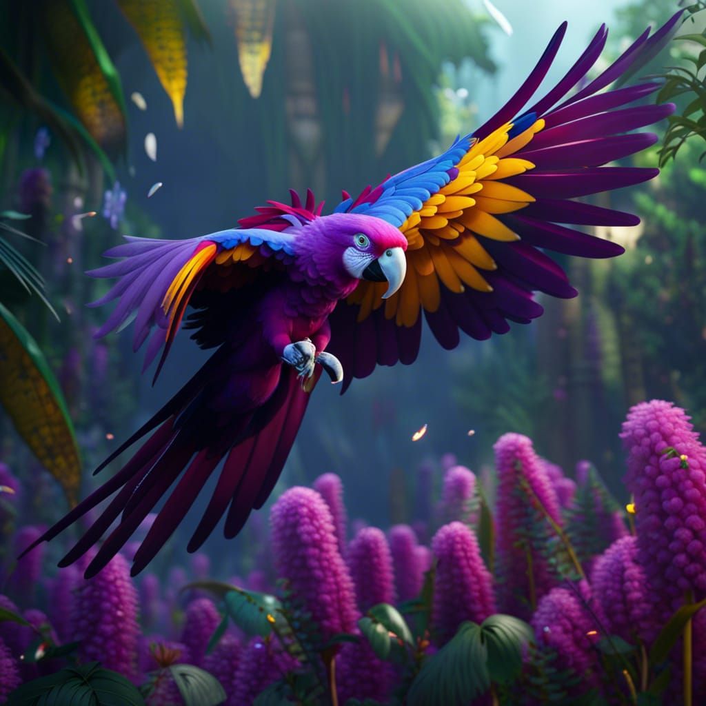 Colorful Parrots Fly Over Jungle Flowers