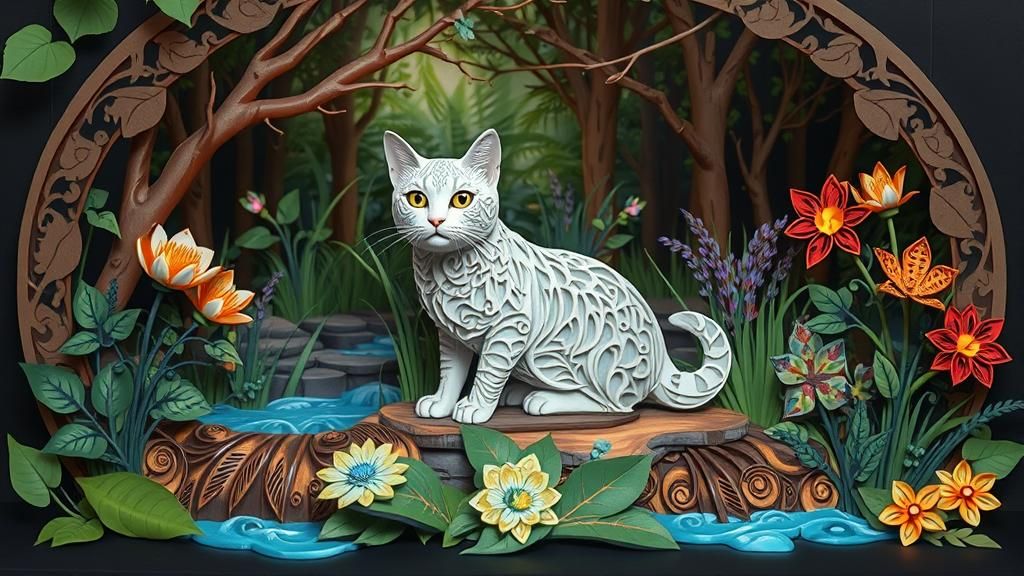 Majestic Cat in Paper Cut Craft Fantasy Landscape