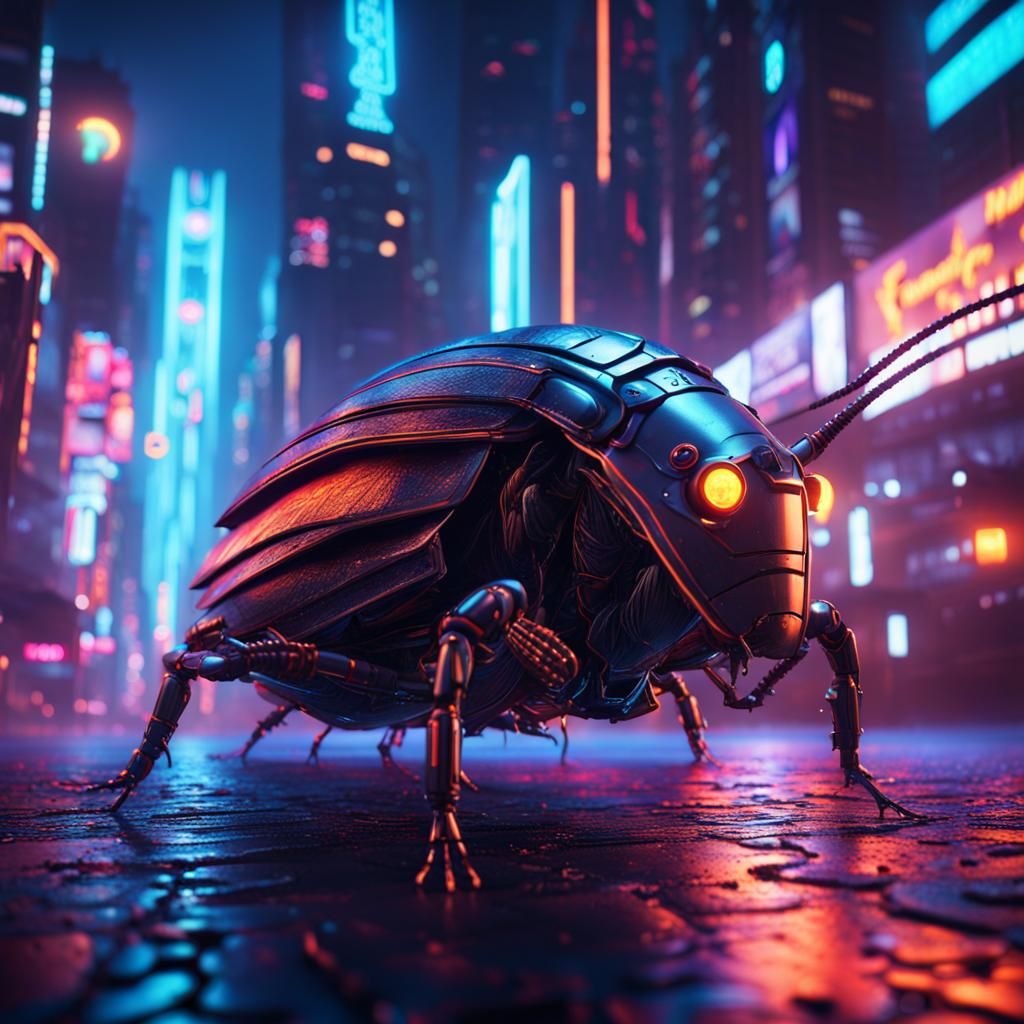 Robot Cockroach in a Futuristic Neon City