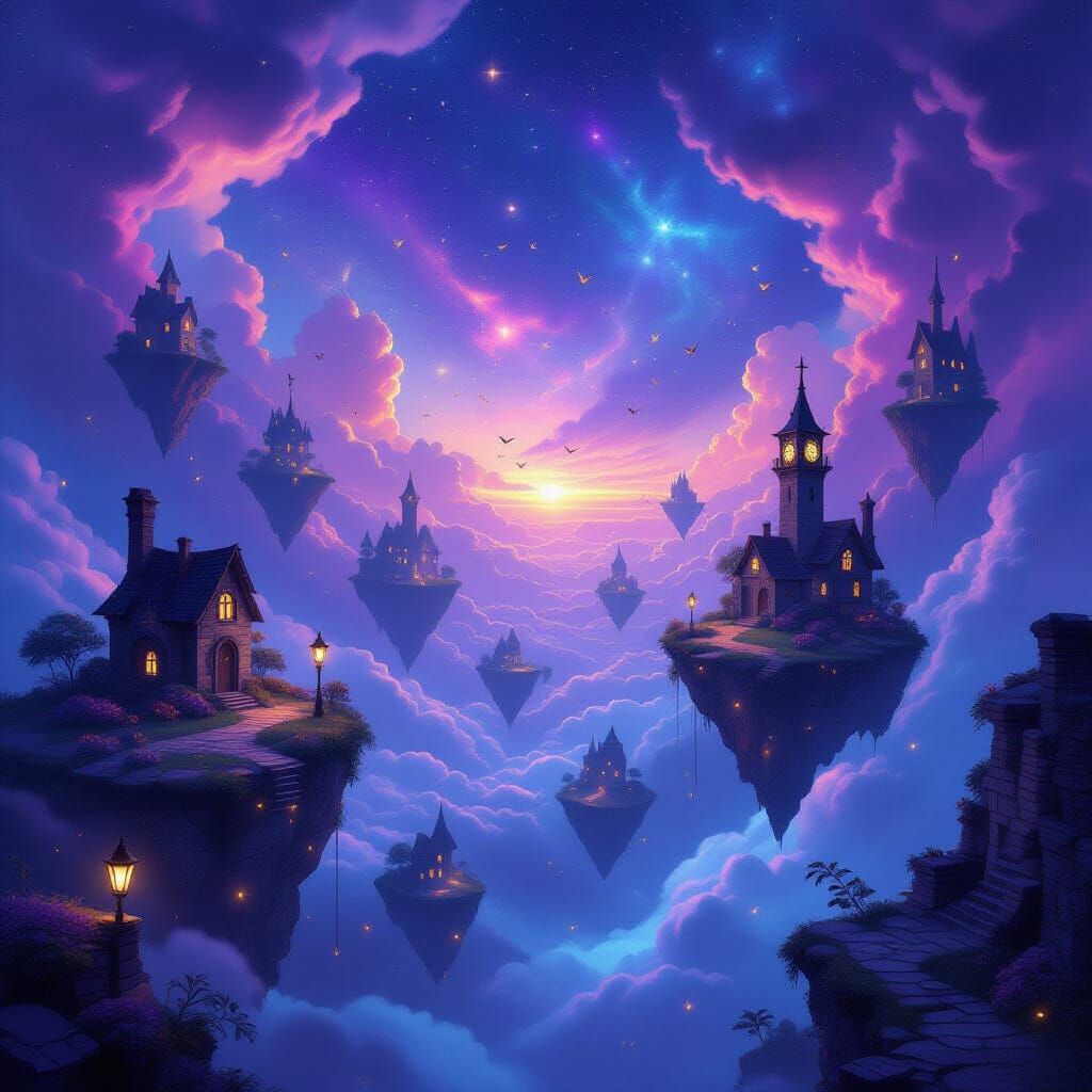 Surreal Dreamscape with Floating Islands and Nebula Skies