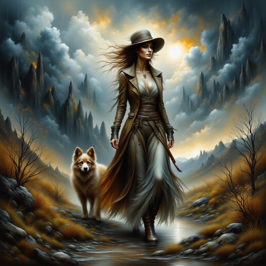 Woman and Dog in Stormy Landscape, Moody Art Style
