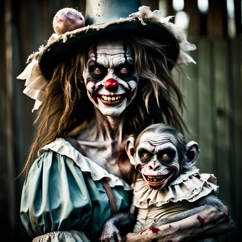 Zombie Clown Feeds Monkey in Macabre Portrait
