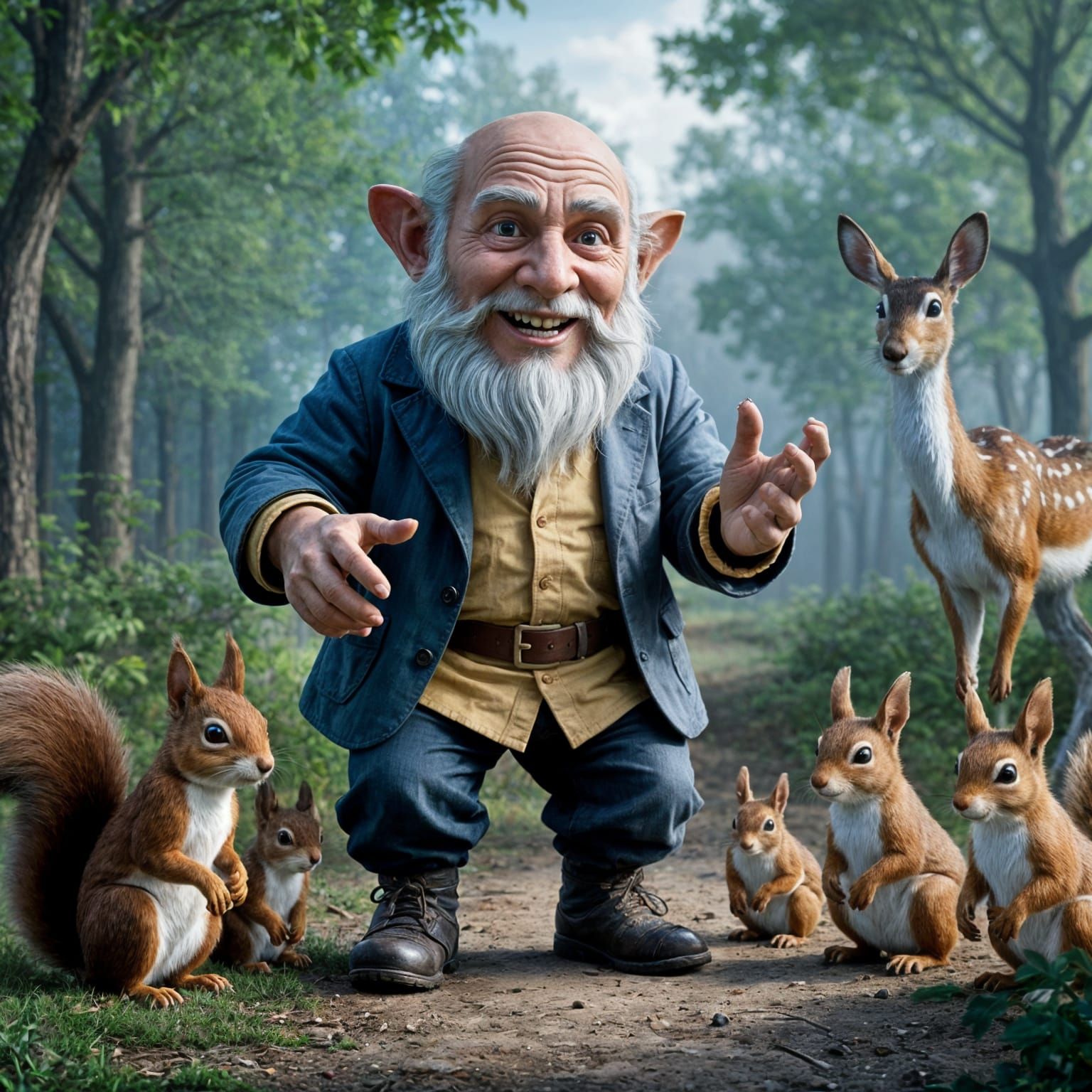 Gnarled Gnome Conversing with Squirrels in Forest