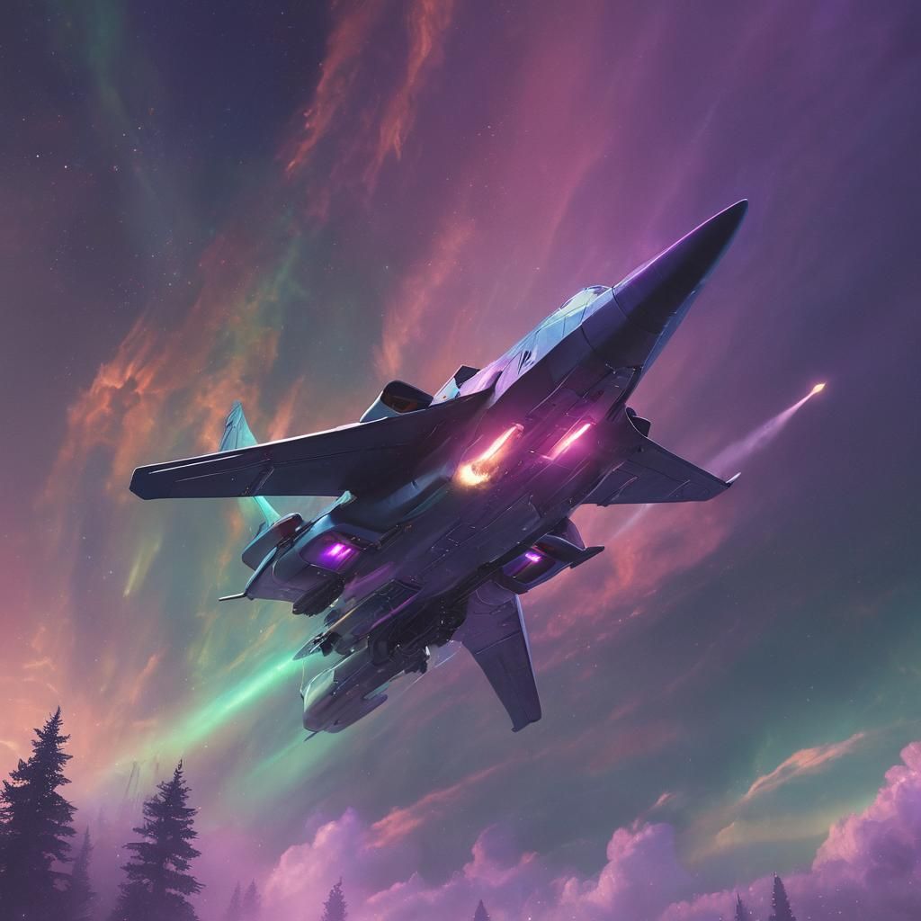 Sleek VTOL Jump Jet soars through ethereal aurora borealis
