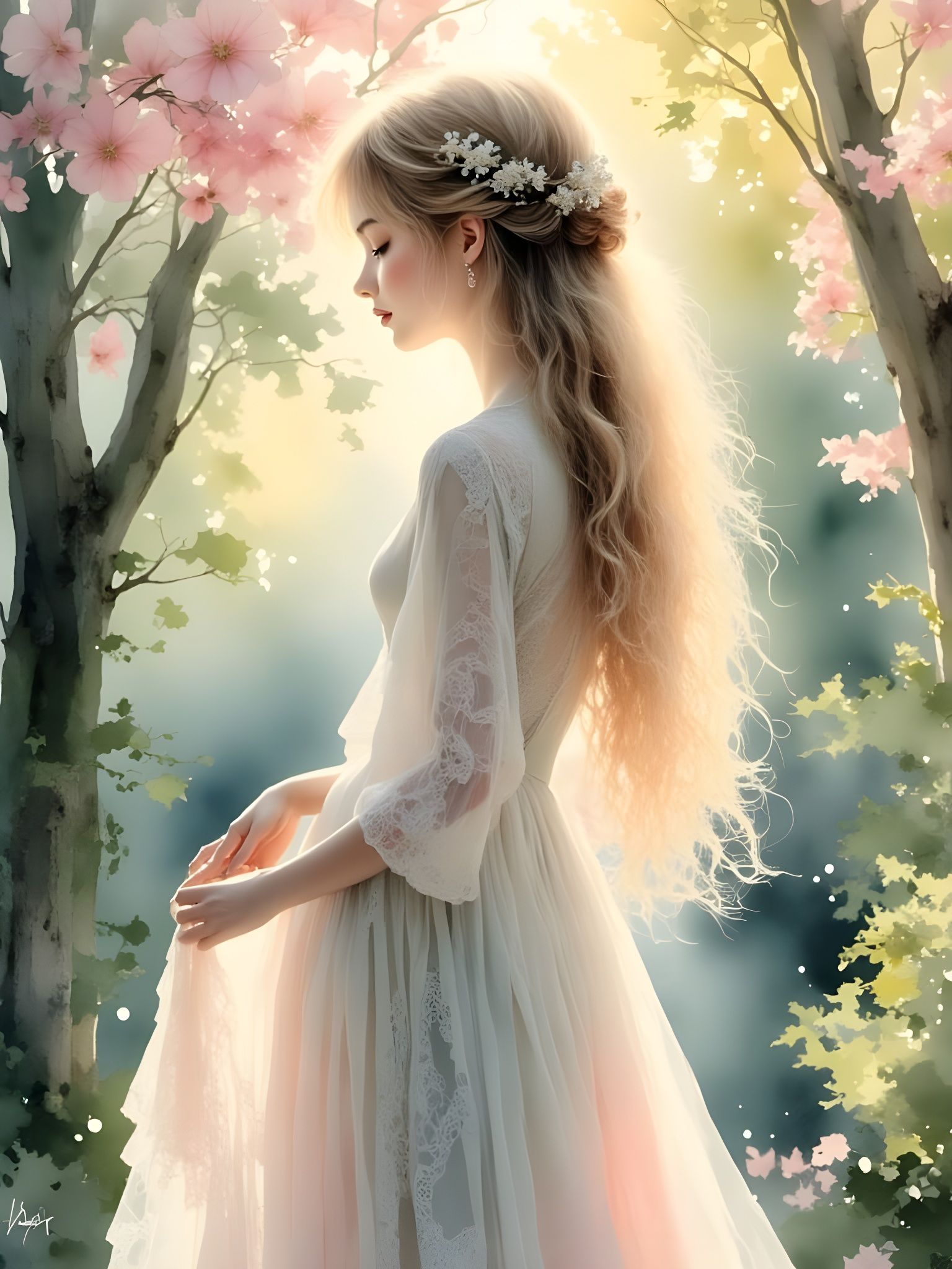 Ethereal Norse Goddess in a Dogwood Dreamscape