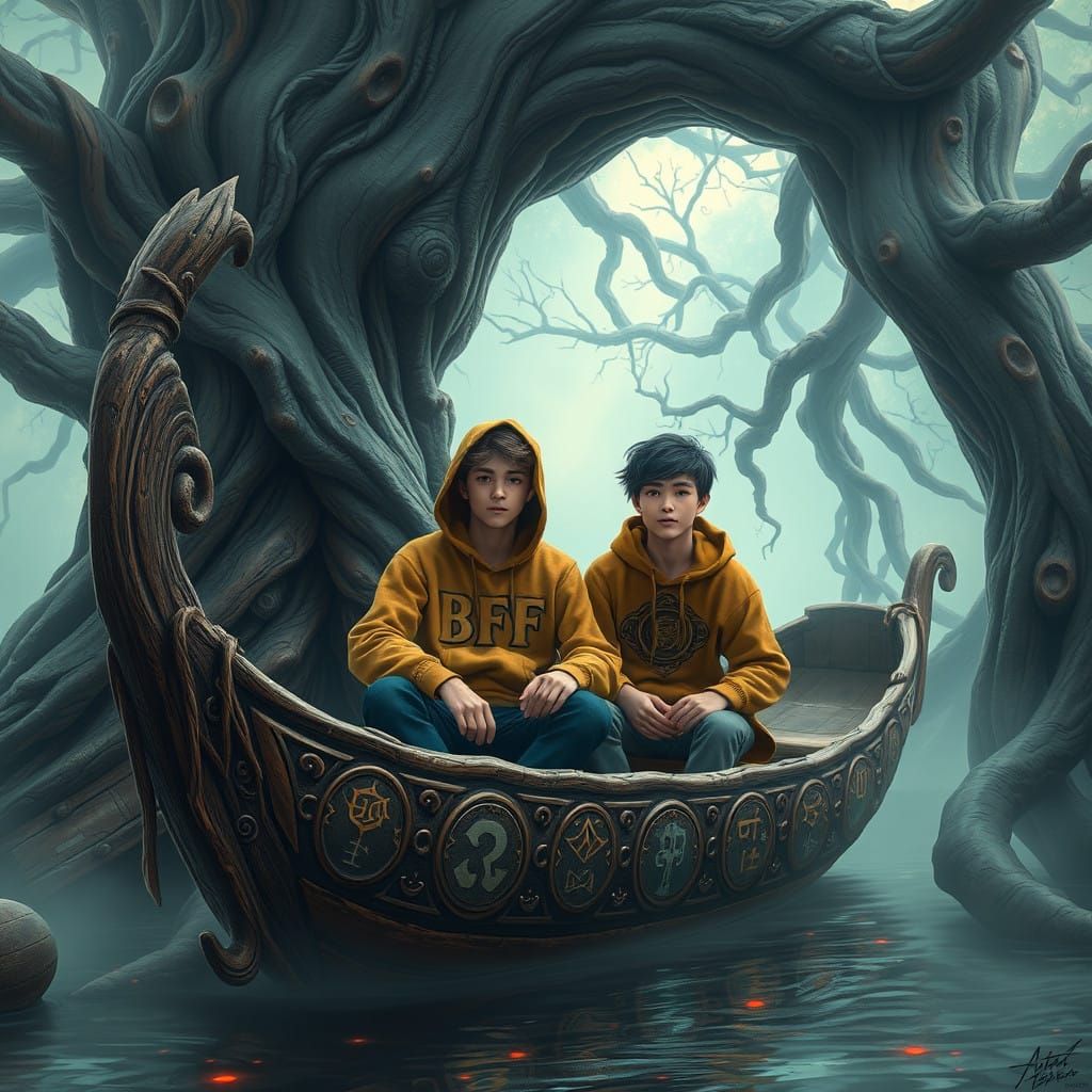 Teenage Boy Friends Relax in a Woodland Boat Scene with Myst...