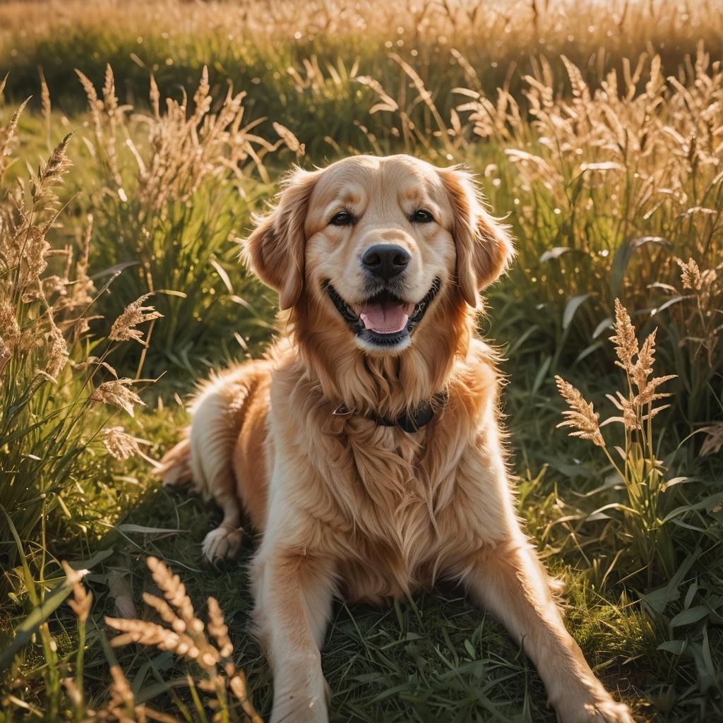 Smiling Golden Retriever in Sunny Meadow Photo
