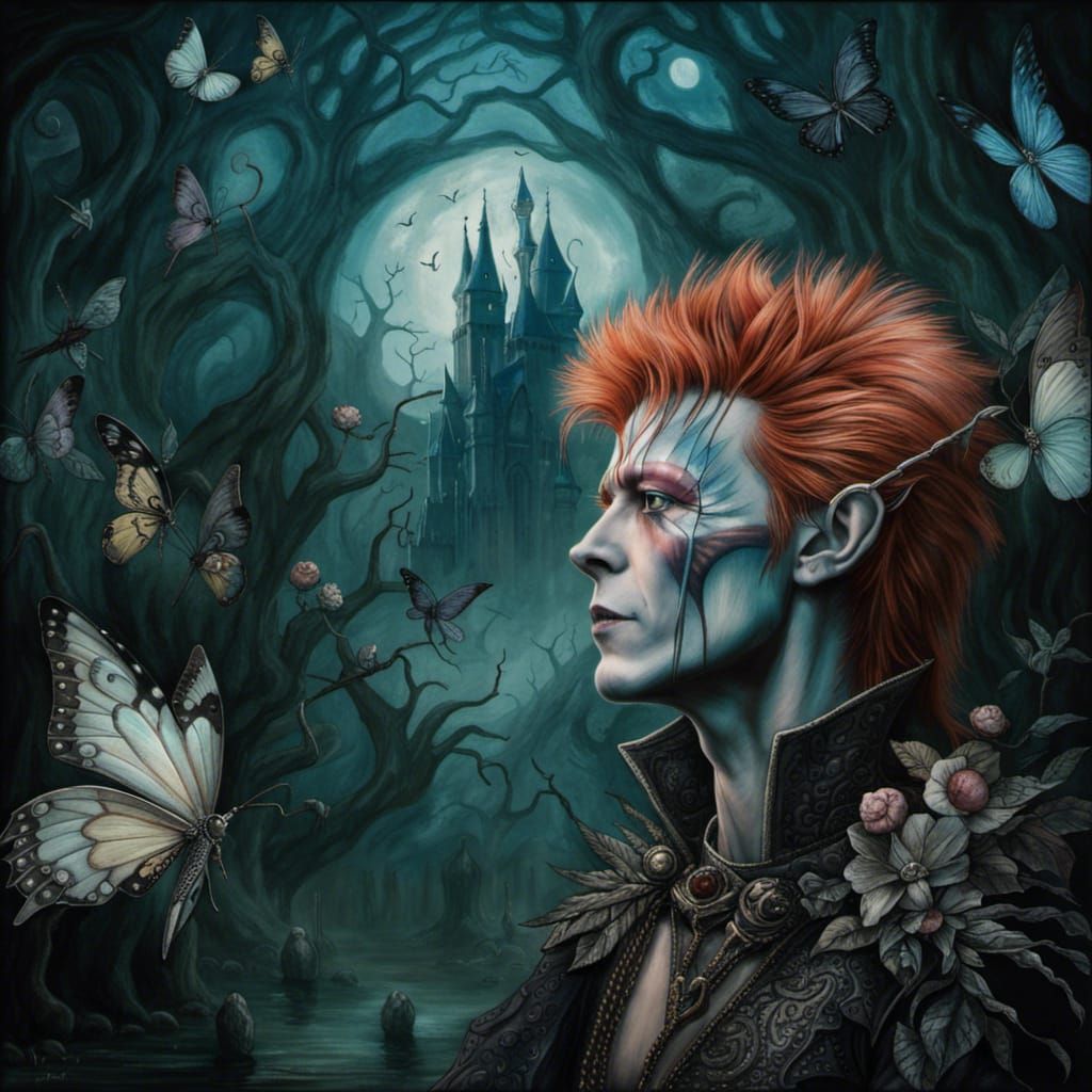 David Bowie as a fairy king in an enchanted kingdom drawn by...