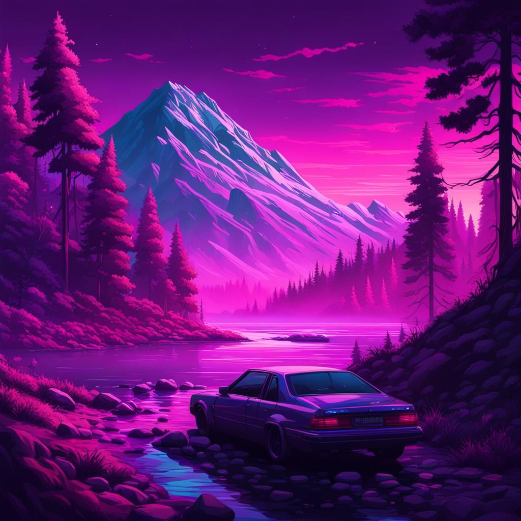 neonpunk style, landscape, river, forest, mountains, summer, cyberpunk, vaporwave, neon, vibes, vibrant, stunningly beau...