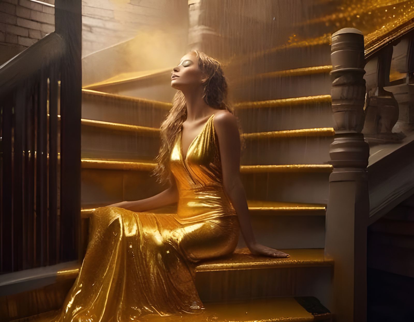 Golden Rain on a Woman on a Staircase