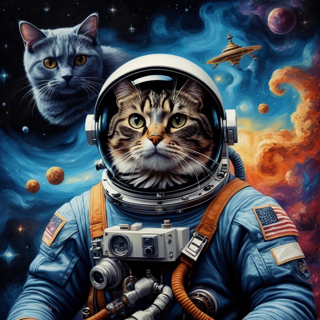 Astronaut and Cat in Cosmic Nebula Oil Painting