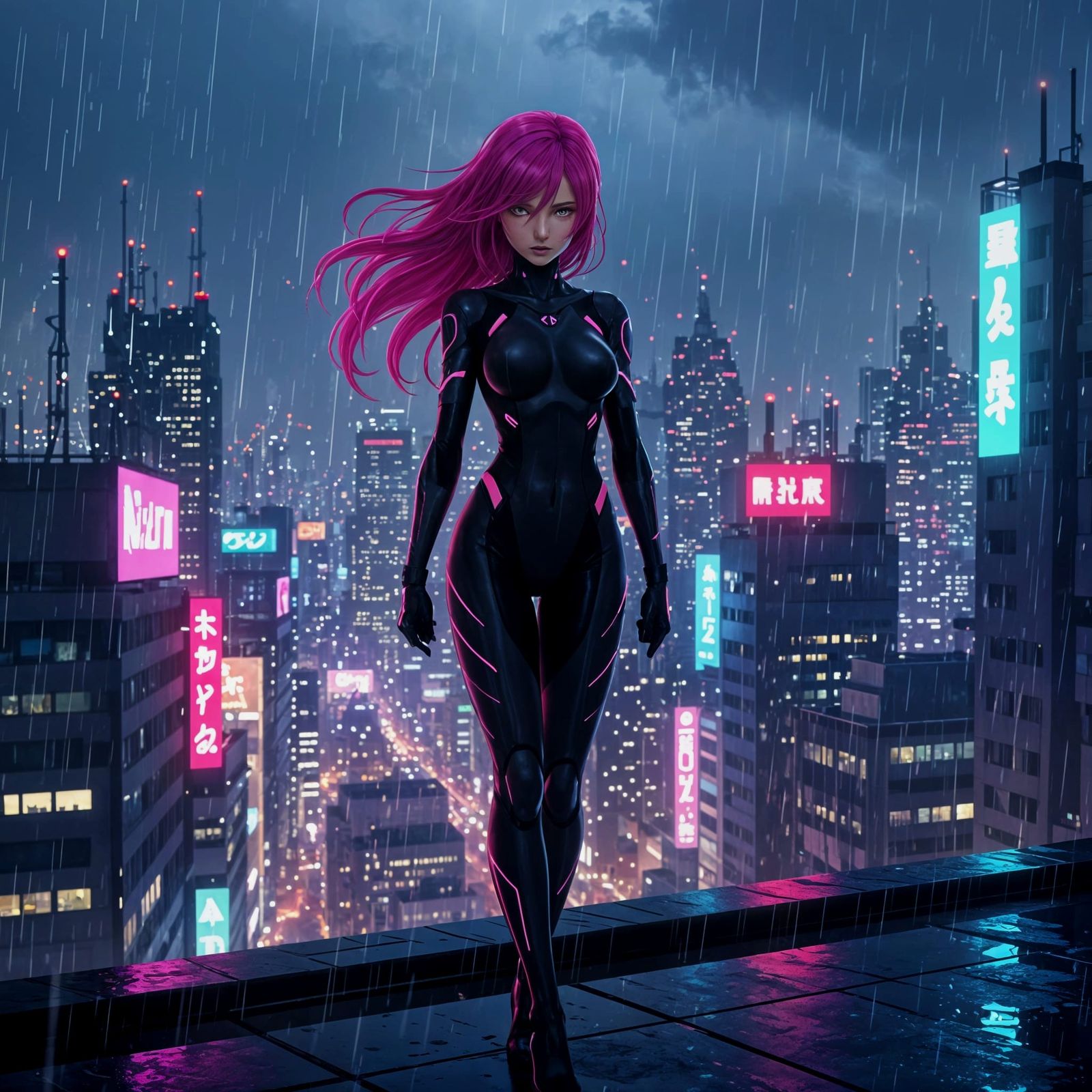 Anime Woman on Futuristic Rooftop