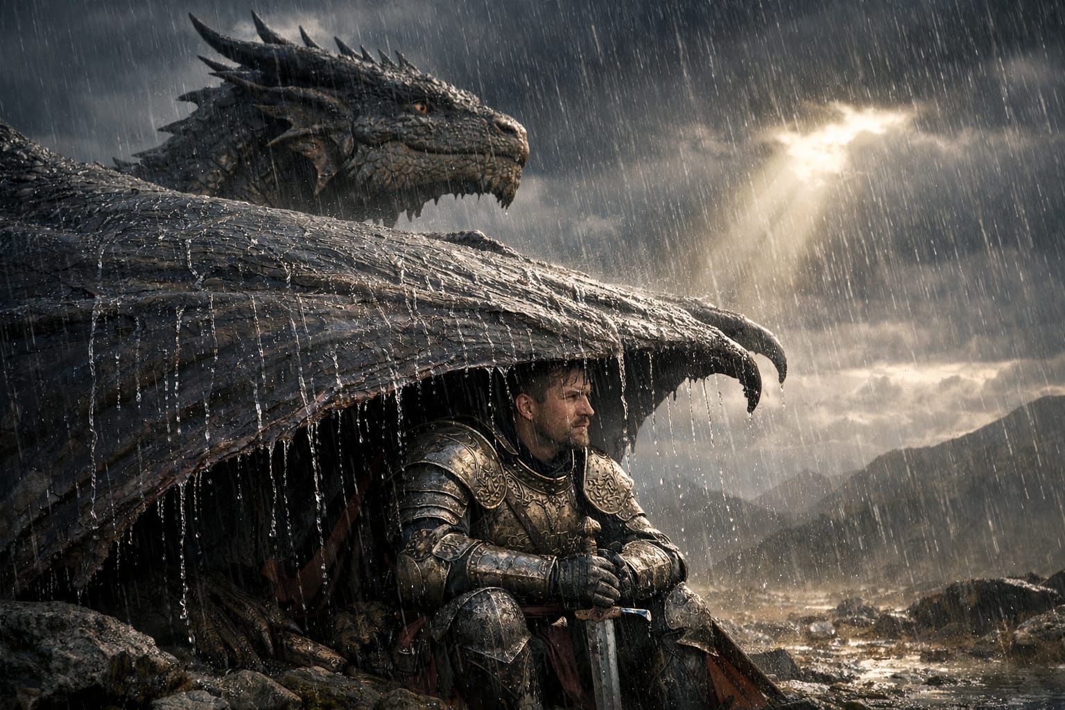 Dragon Shelters Knight Beneath Stormy Sky