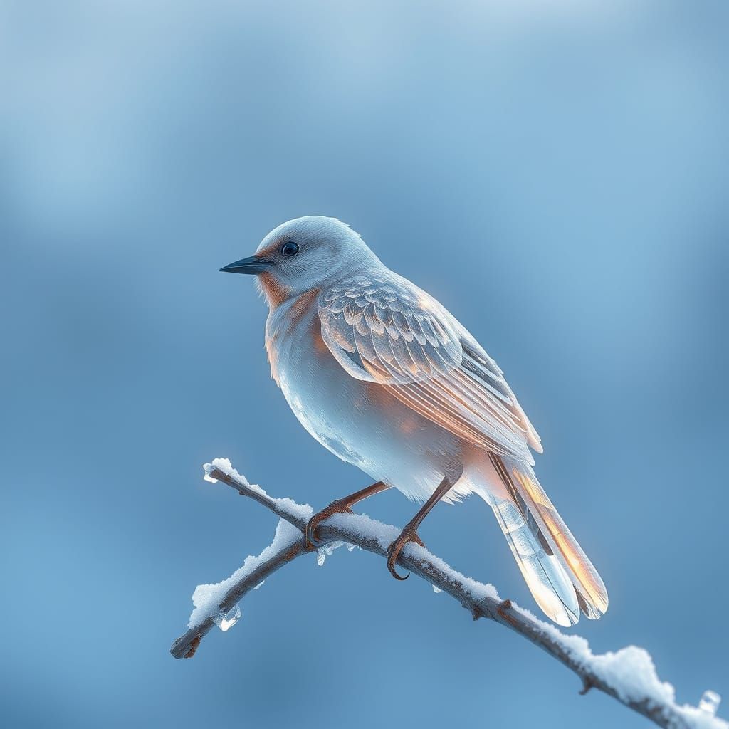 Icy Bird on Snowy Branch: Digital Art