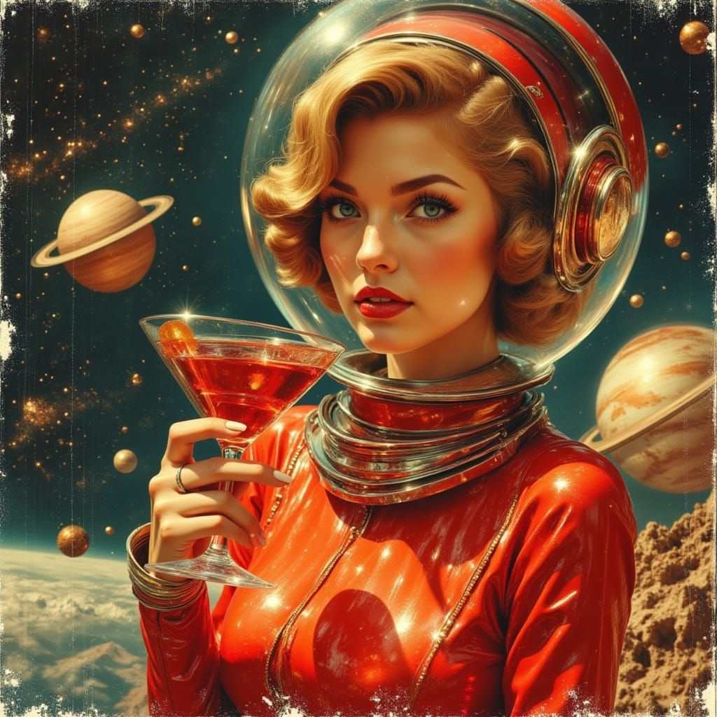 Retro Astronaut Holds Martini in Vintage Sci-Fi Style