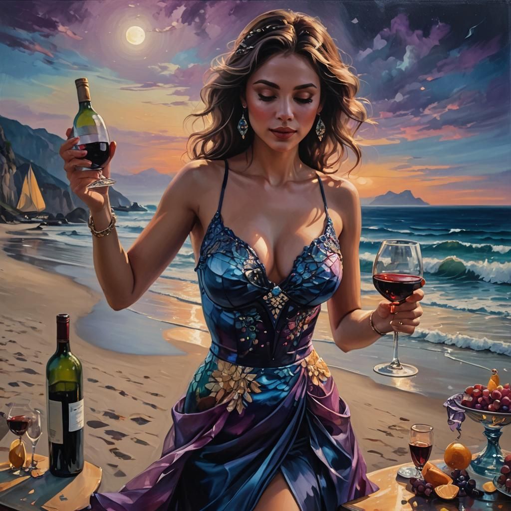 Coastal Wine Dream: A Vibrant Oil Painting