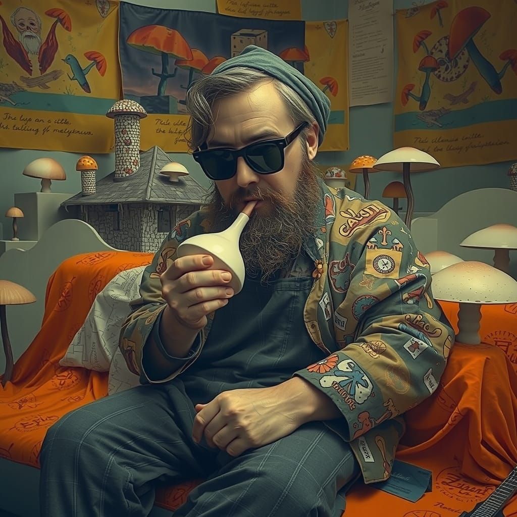 Hermit in Mushroom Realm with Modernist Cabin