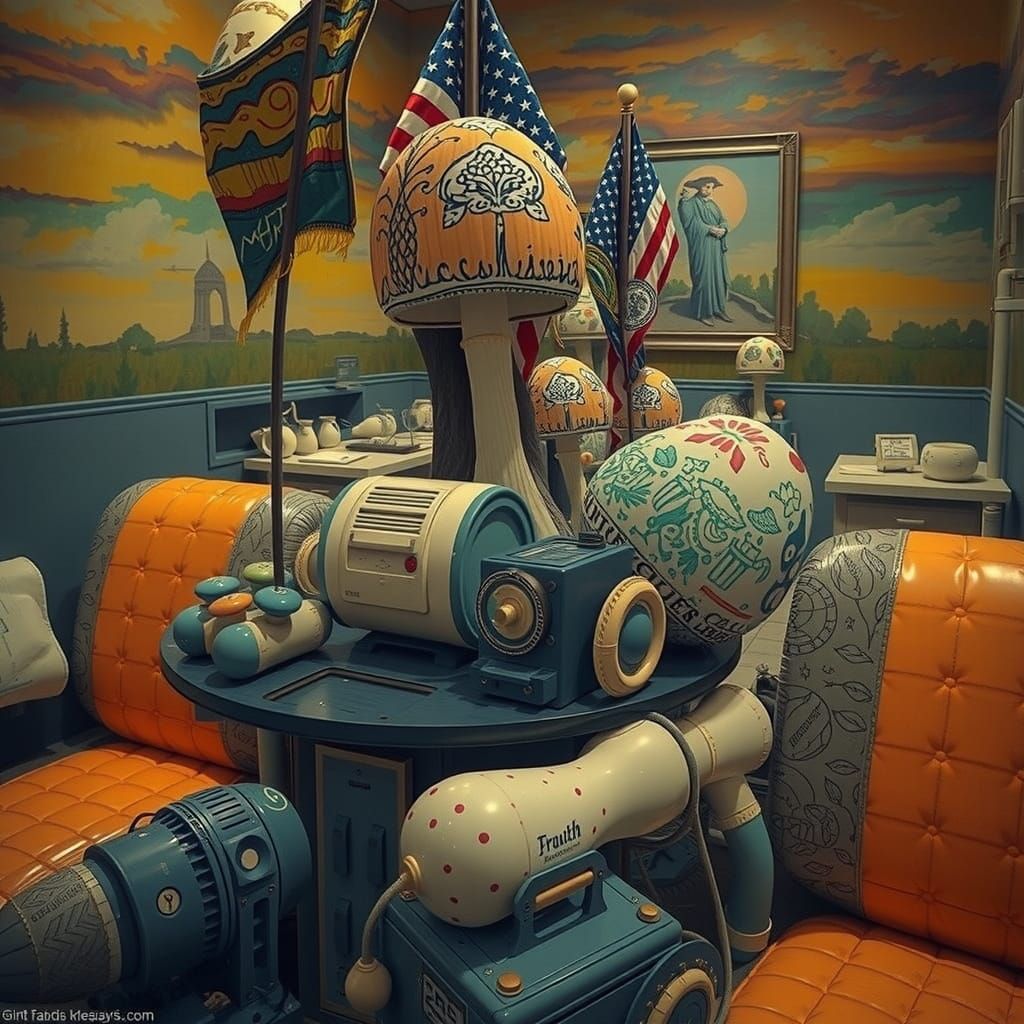Surrealistic Flag Village in Whimsical Hyperreal Setting