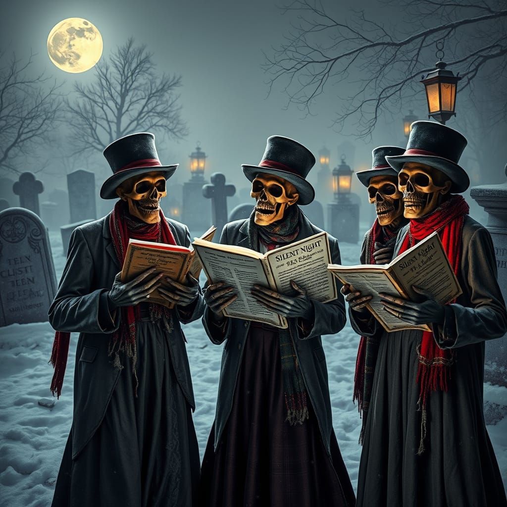 Victorian Undead Carolers in Snowy Graveyard