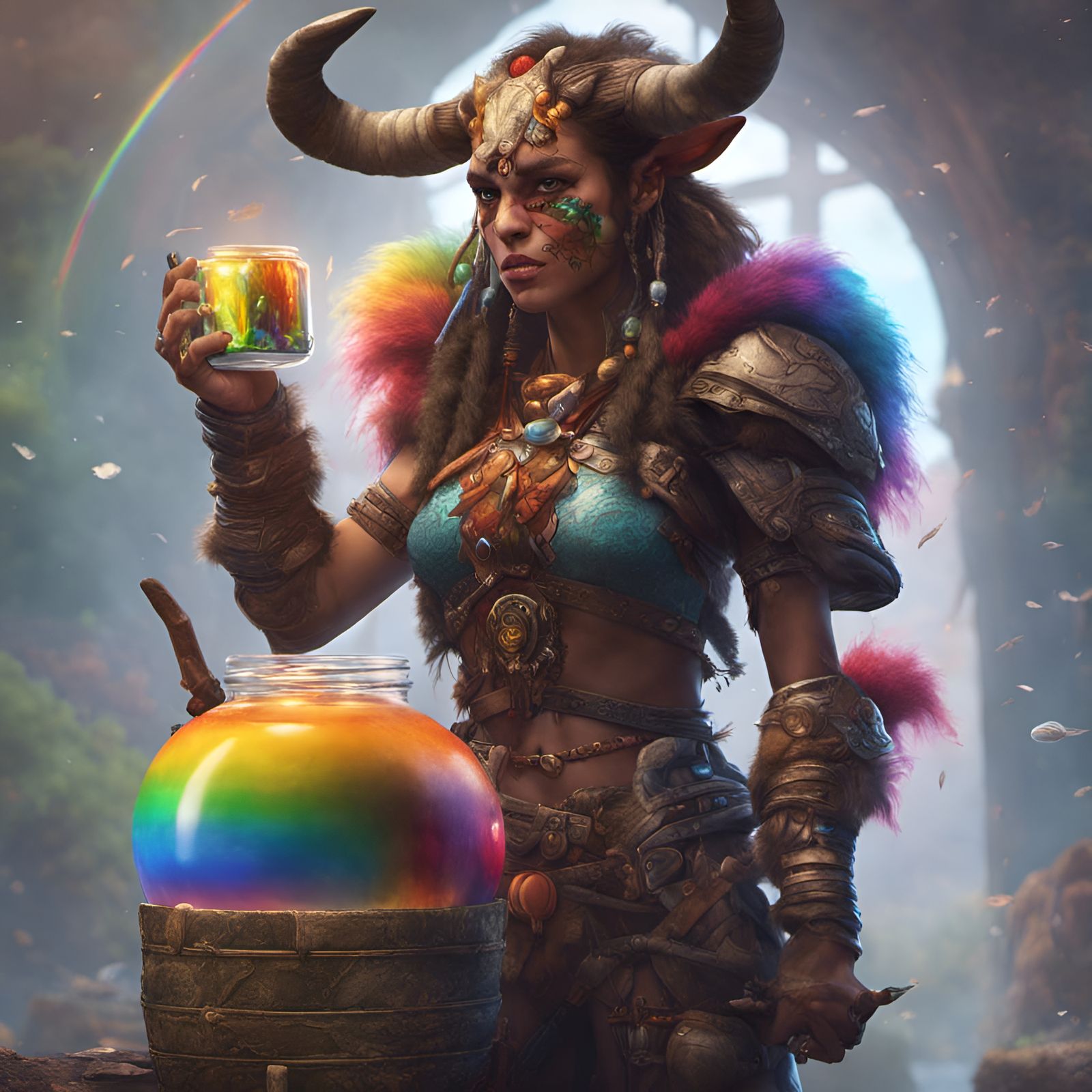 Tauren-Human Hybrid Warrior with Rainbow Jar