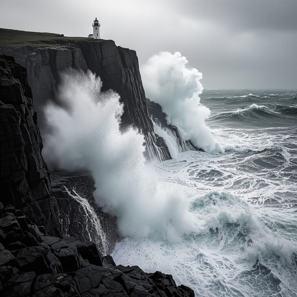 Dramatic Ocean Storm Meets Rugged Cliff in Moody B&W