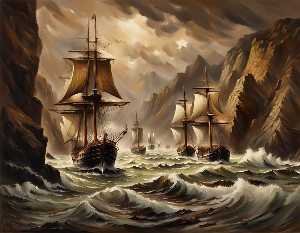 Sailing Ships in Stormy Cove: Impressionist Seascape