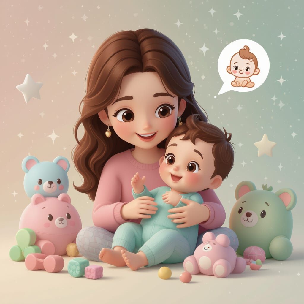 Mother and Baby Playing with Pastel Toys in Anime Style