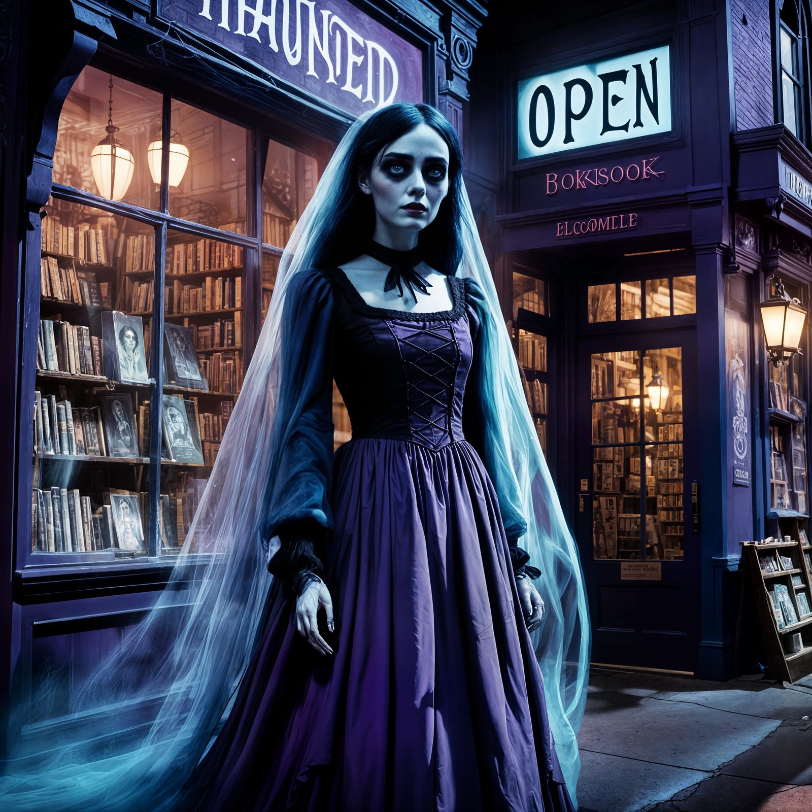 Ethereal Gothic Ghost Girl Outside Vintage Haunted Bookstore
