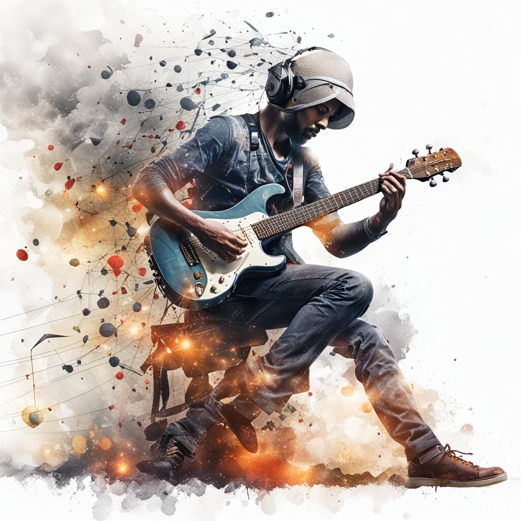 Disintegrating Guitar Player: Surreal Digital Art